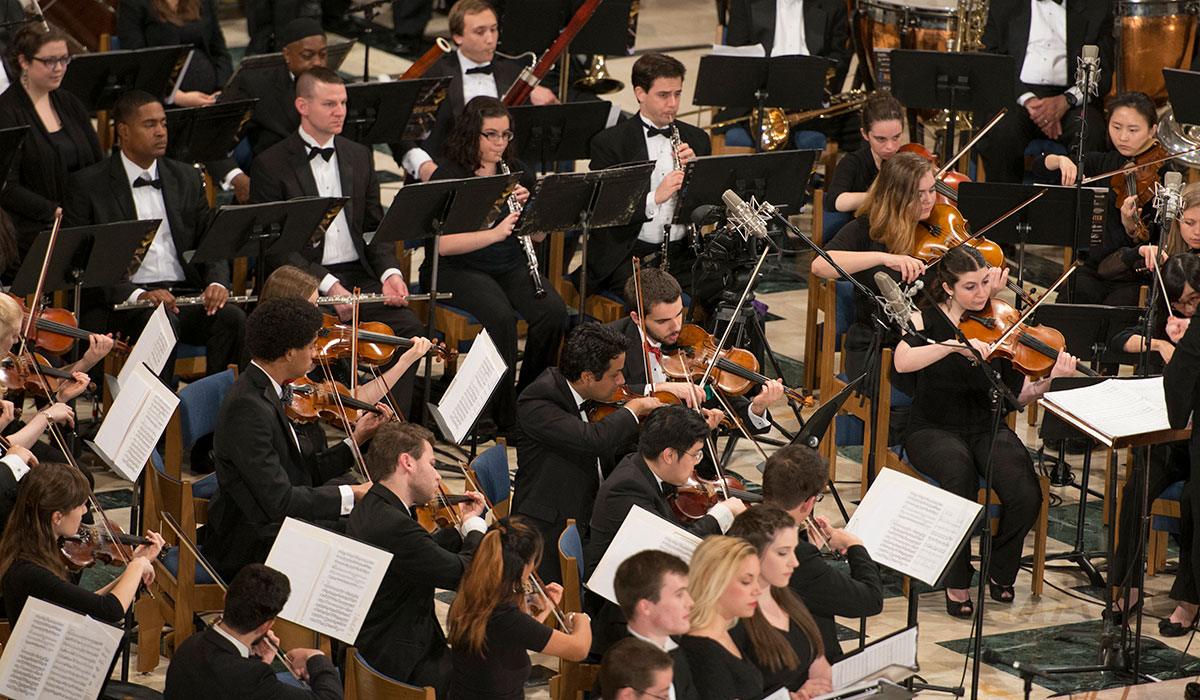 Orchestra performing in concert dress